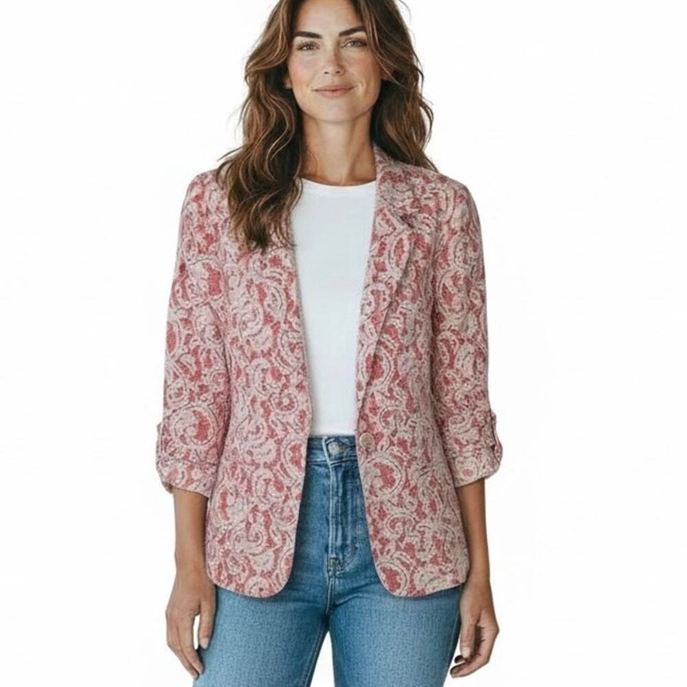Tart Collections Blazer Single Button Lace Overlay Coral White Sz M NWT